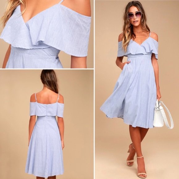 Lulus Dresses & Skirts - Lulu's Yacht Rock Striped Off Shoulder Midi Dress